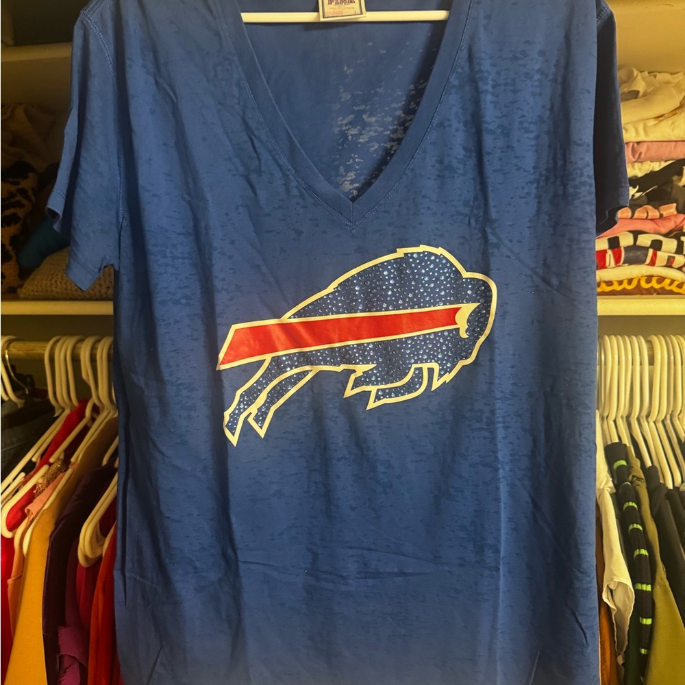 Blue V-Neck T-Shirt with Buffalo Bills Logo